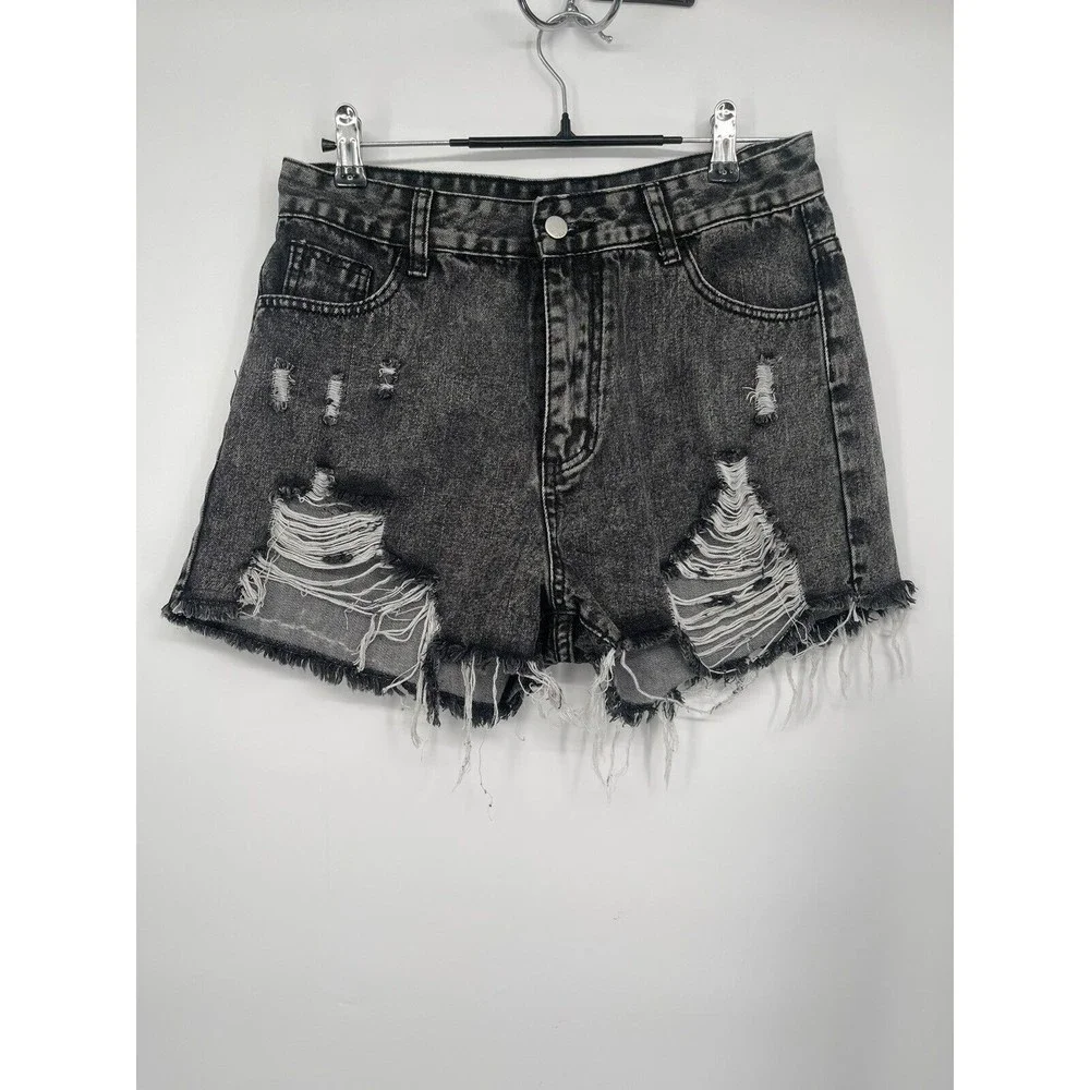 SHEIN Size L Distressed Denim Shorts Womens Gray Good Acid Wash Raw Hem Cut Offs